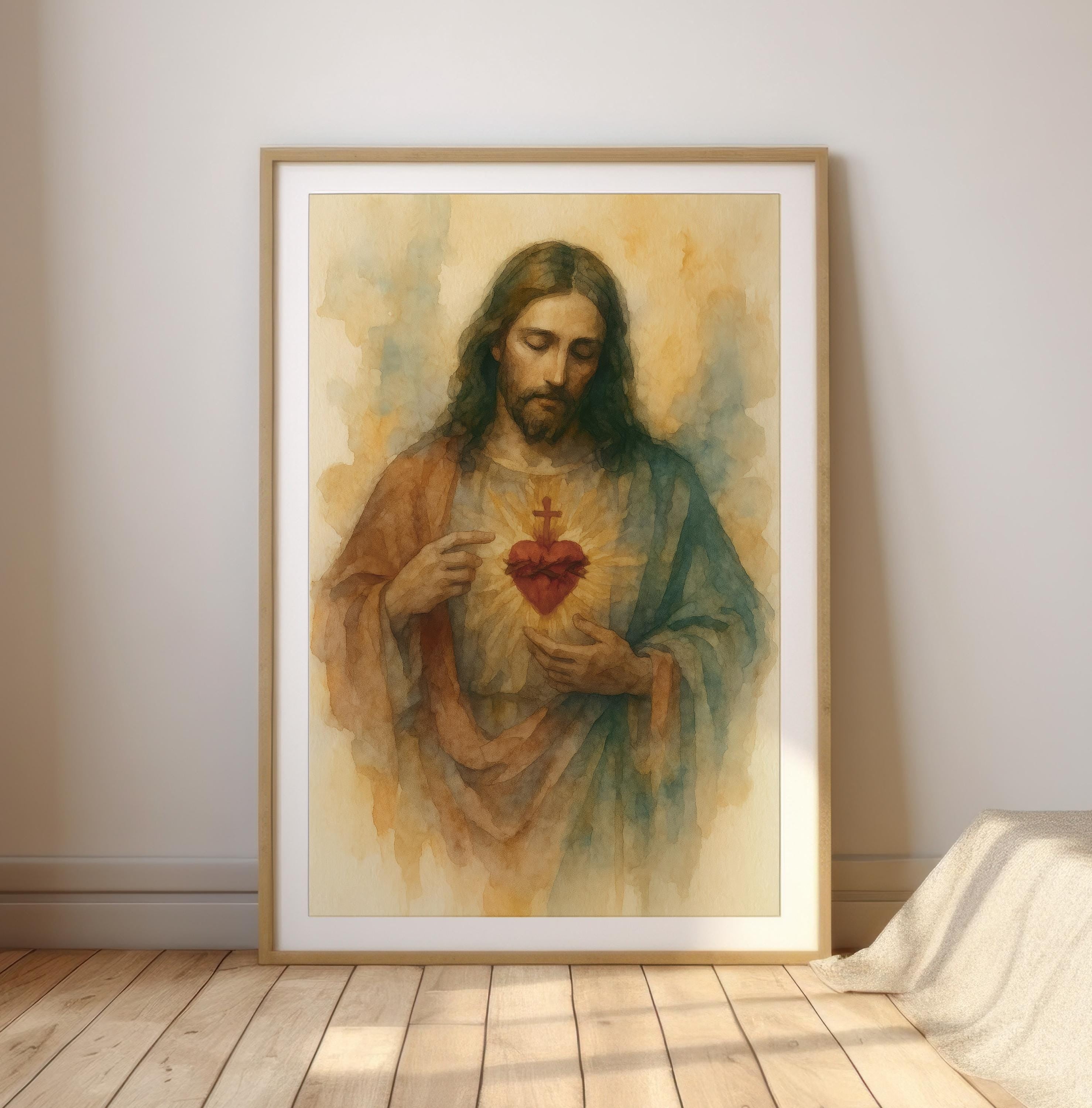 Sacred Heart of Jesus Christian Poster, Catholic Religious Wall Art, Modern Faith-Based Print, Devotional Watercolor Artwork, Christian Home Decor